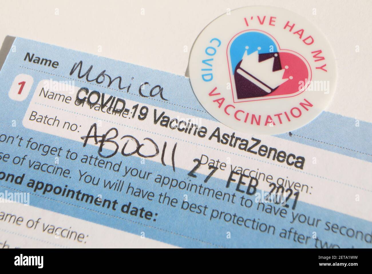 Covid vaccine appt card, UK Stock Photo