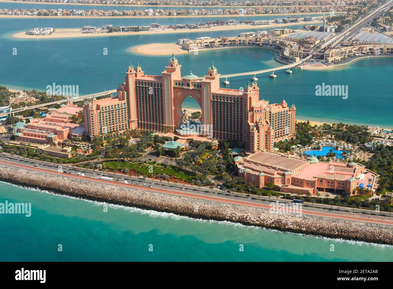 Atlantis The Palm, Dubai Hotel located in Palm Jumeirah, Dubai, United Arab Emirates. Aerial view of Atlantis Resort in The Palm artificial island. Stock Photo