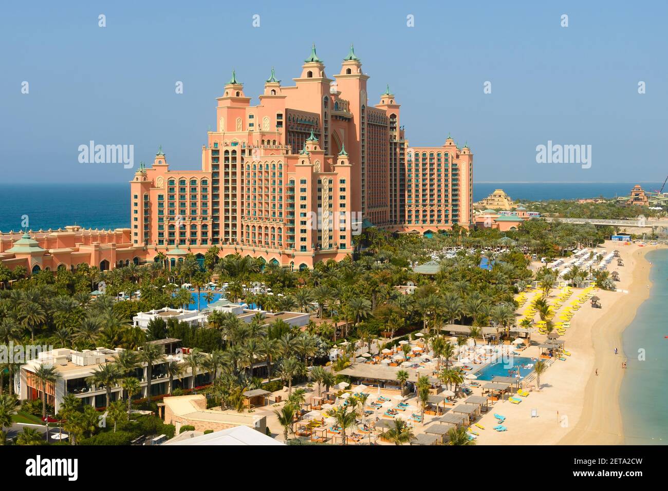 Atlantis The Palm Dubai Hotel located in Palm Jumeirah, United Arab Emirates. Beach of luxury Palm Resort aerial view in Dubai. Stock Photo