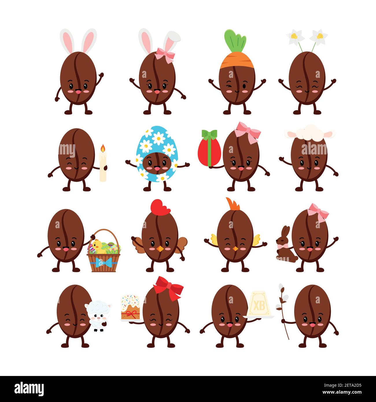 Easter cute coffee beans icon set. Stock Vector