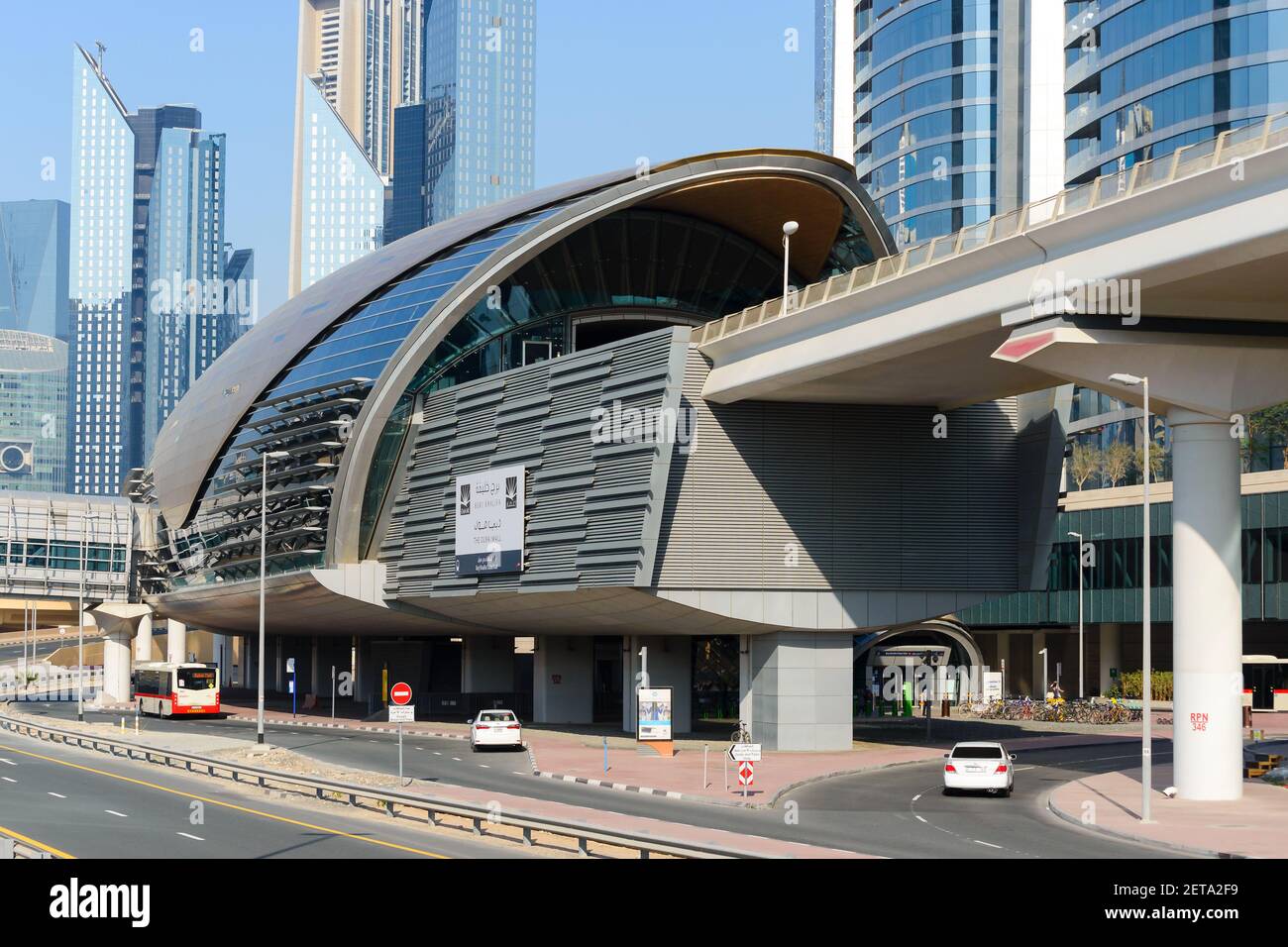 Dubai Burj Khalifa and Dubai Mall Metro Station exterior view. Rail station of RTA Dubai Red Line. Public transportation in United Arab Emirates. Stock Photo