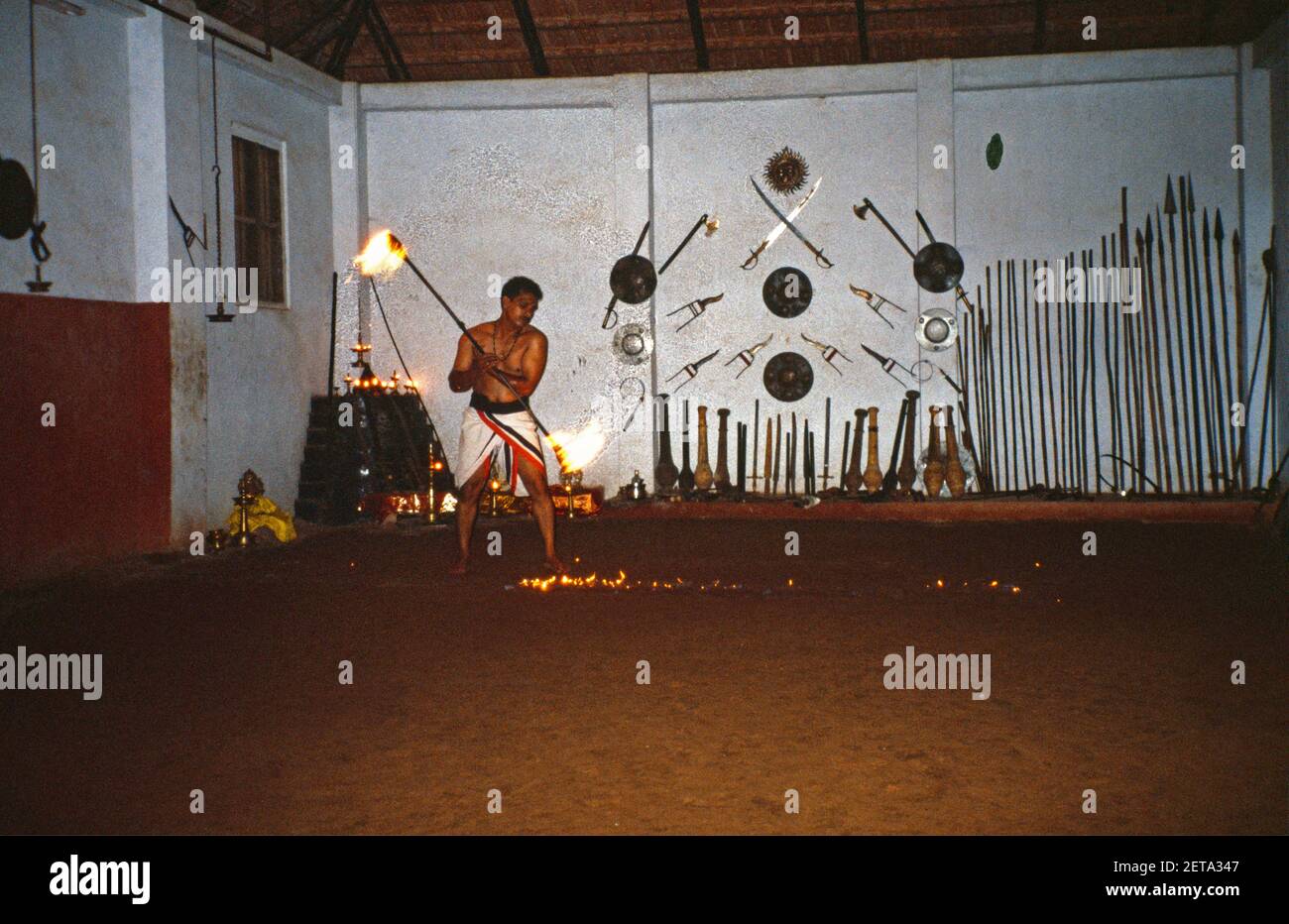Kerala India Kochi Man Dancing With Fire Practicing The Martial Art