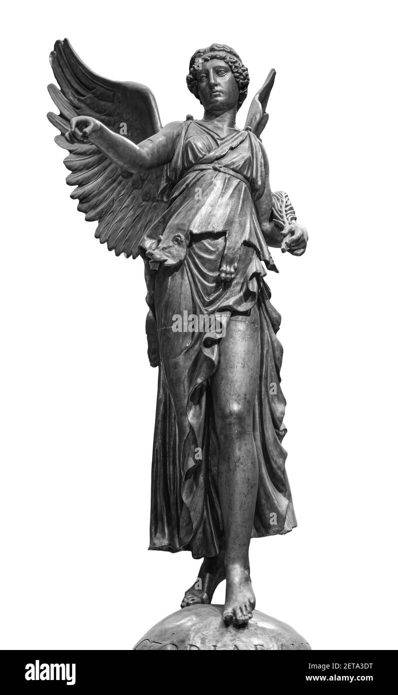 Bronze statue of a Winged Victory. Frontal view of a Statue of the goddess  Nike, isolated on white background by clipping path Stock Photo - Alamy