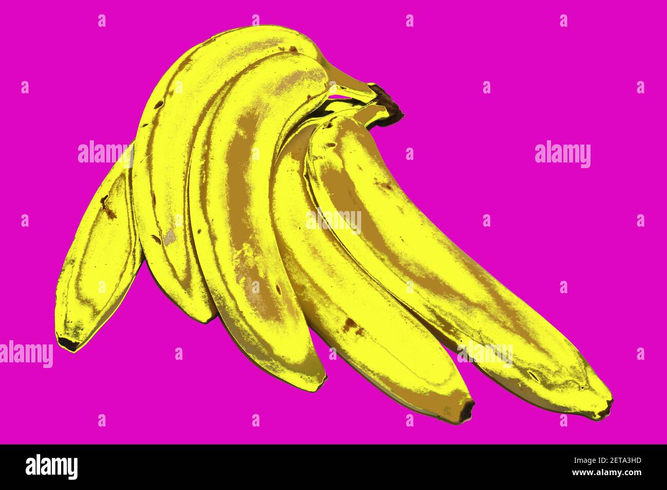 Bunch of yellow bananas against a hot pink background. Mixed media photograph. Pop art and bananas. Bananas captured in artwork and comedy. Stock Photo