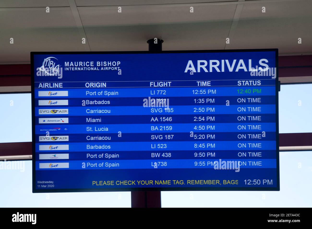 arrivals board maurice bishop international airport st george grenada windward islands west indies Stock Photo