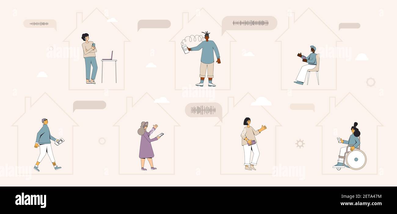 Social networking. Audio chat. Talking with friends with voice and phone. Online conference. Team meeting. Vector illustrator. Stock Vector