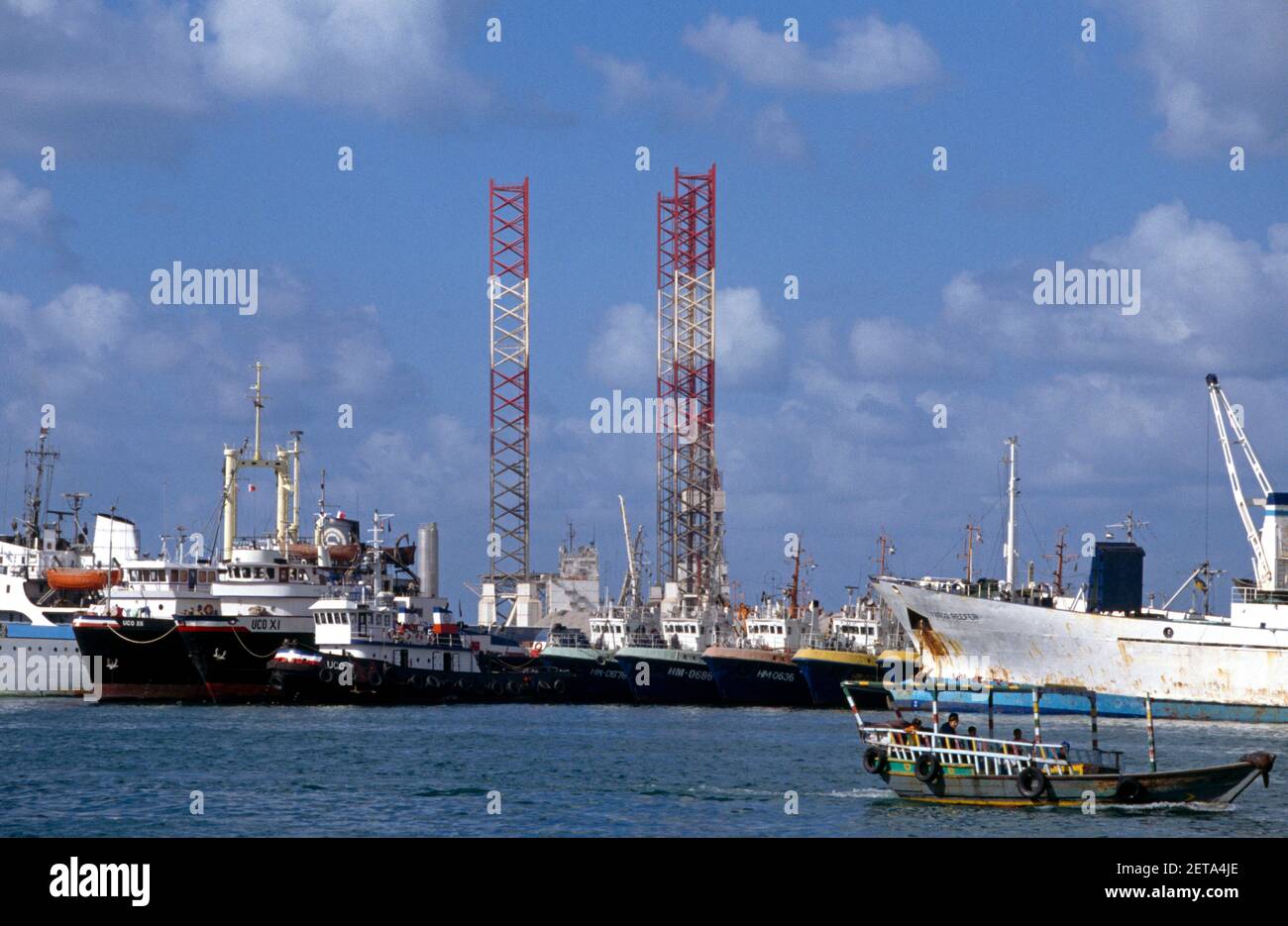 Sharjah UAE Creek Dhow And Tankers At Sharjah Port Oil Rig Repair Centre Stock Photo