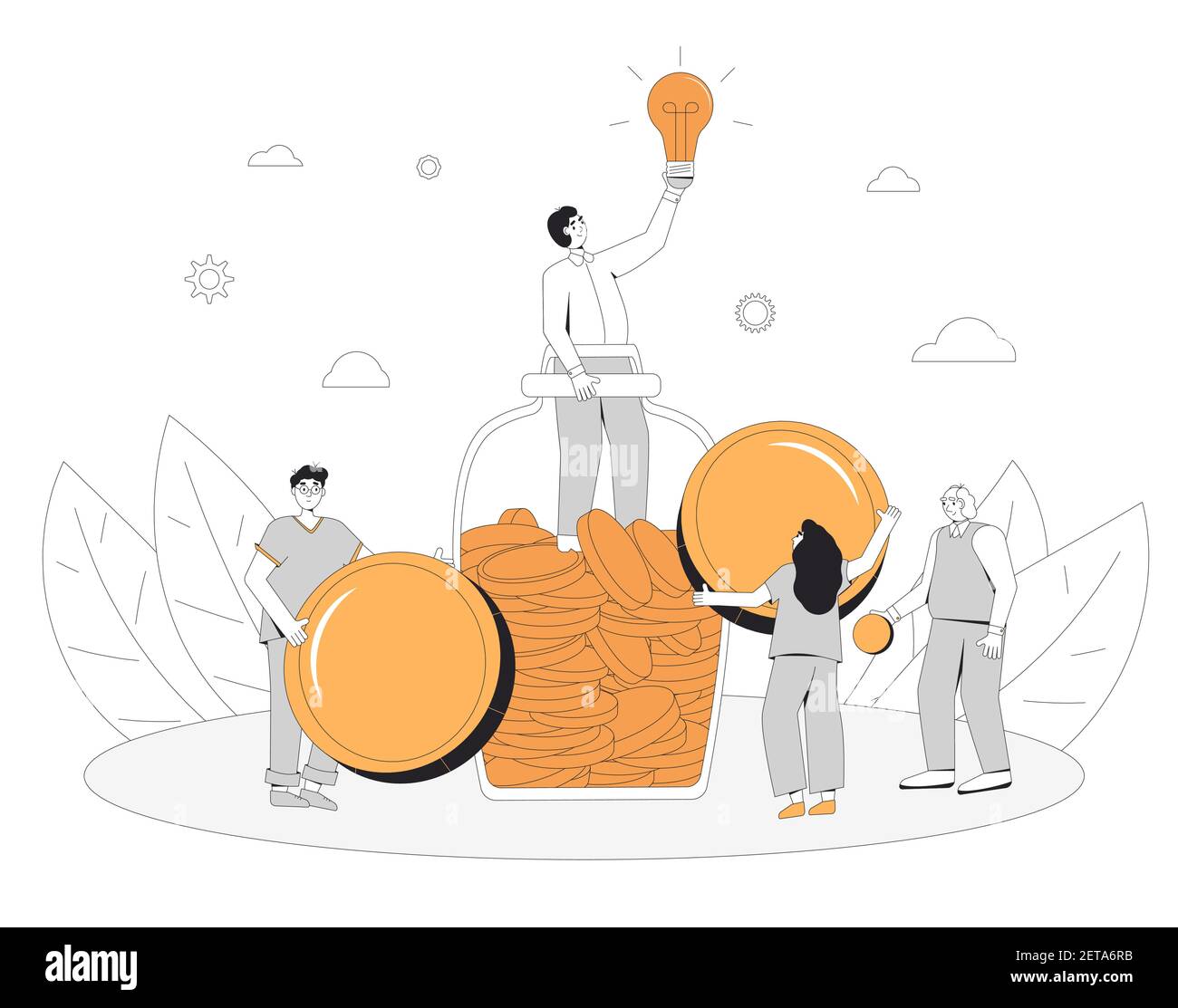 Cowdfunding concept. Characters with coins. Friends give a money for new project. Sturtup and cooperation.  Vector color line art illustration. Stock Vector