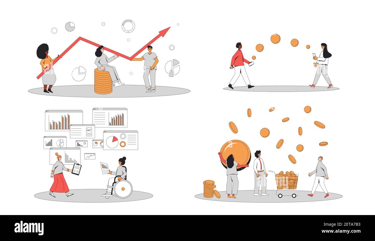 Financial and business analytics set. Different characters with money and graphs isolated on
