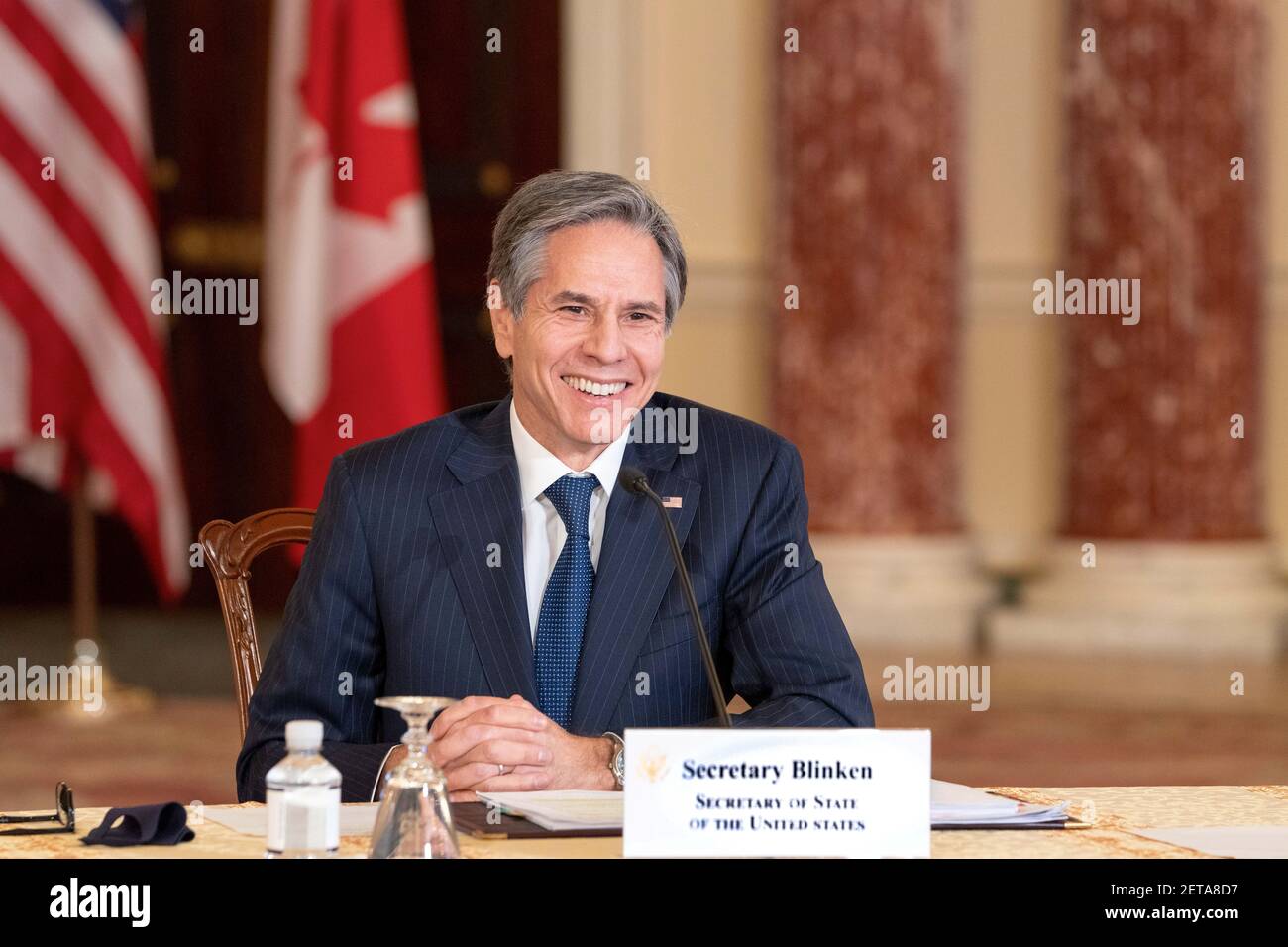 U.S. Secretary of State Antony Blinken meets virtually with Canadian Prime Minister Justin Trudeau from the Department of State Harry S. Truman Building February 26, 2021 in Washington, DC. Stock Photo