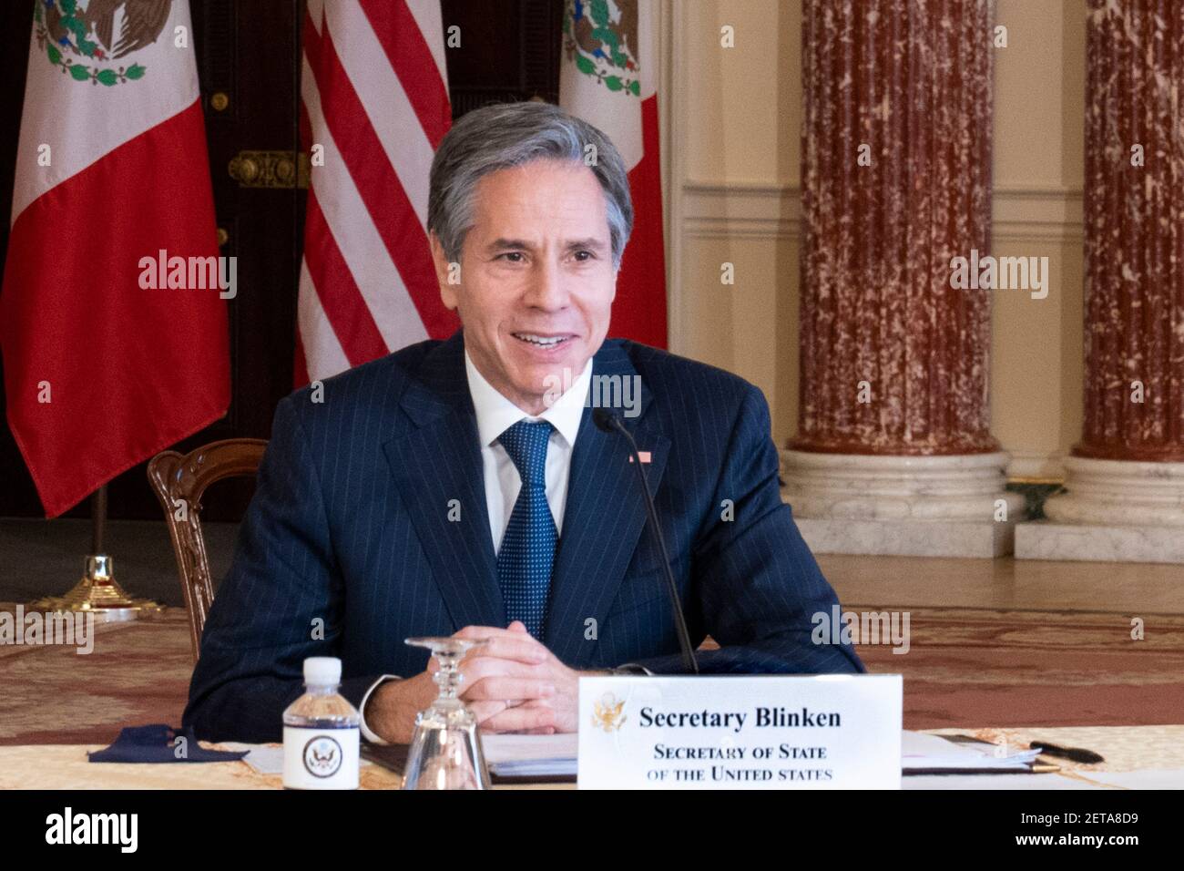 U.S. Secretary of State Antony Blinken meets virtually with Mexican Secretary of Economy Tatiana Clouthier from the Department of State Harry S. Truman Building February 26, 2021 in Washington, DC. Stock Photo