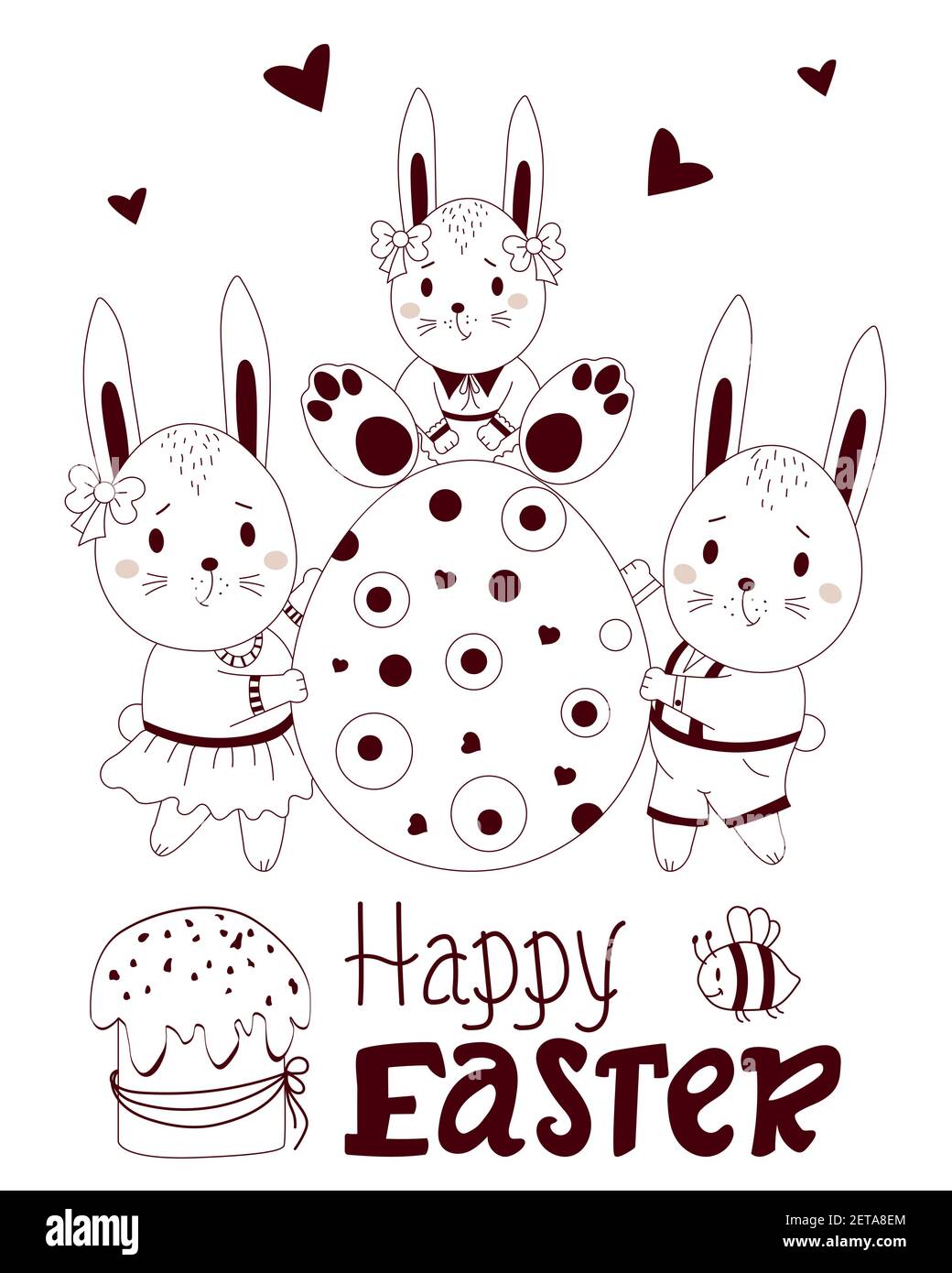 Happy Easter - greeting card with cute Easter bunnies. Family - A boy and a girl are holding a large Easter egg with a baby bunny. Vector, outline Stock Vector