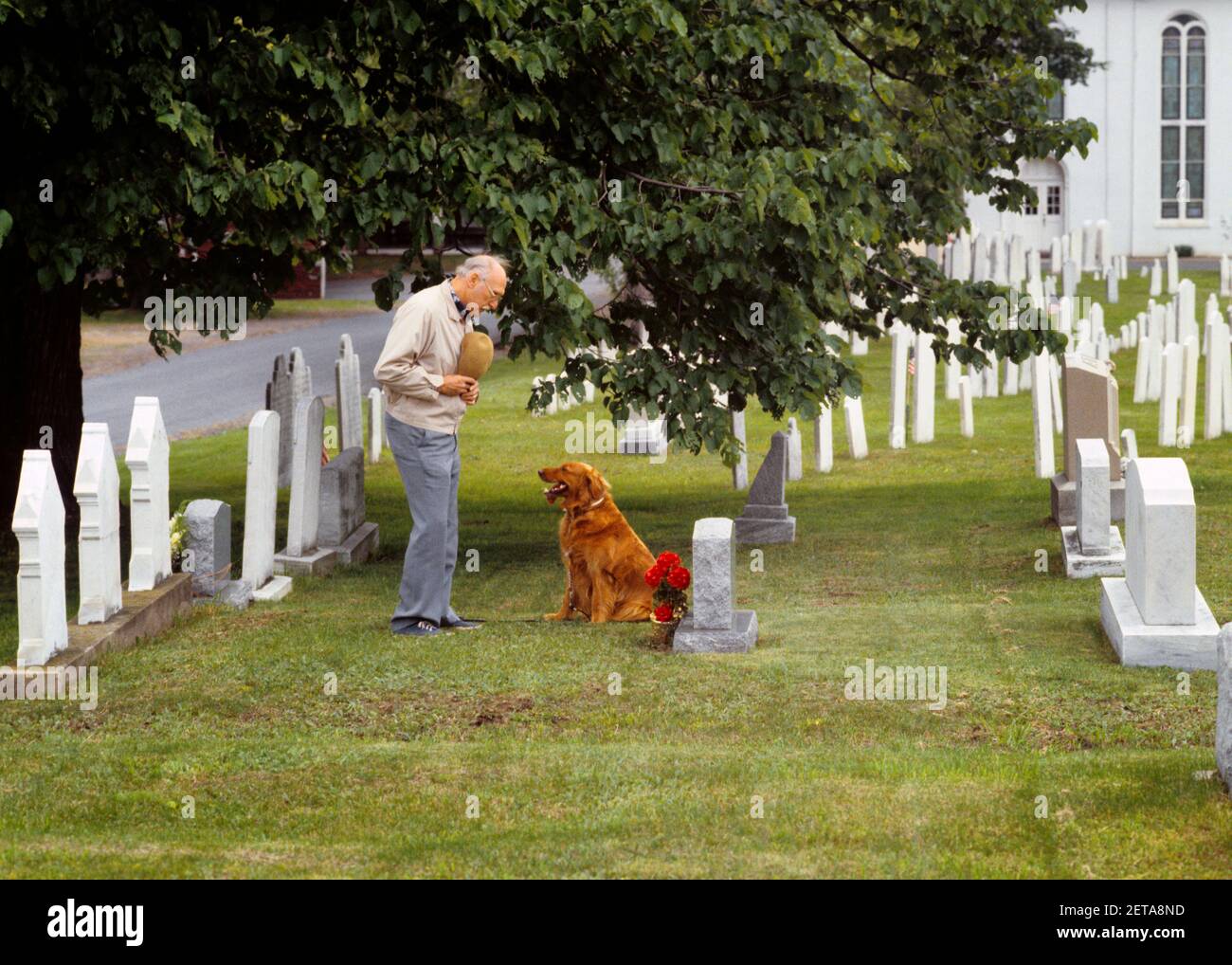 1980s ELDERLY MAN VISITING GRAVE SITE STANDING BY HEADSTONE IN CEMETERY PRAYING LOOKING DOWN AT RED IRISH SETTER DOG - cc001058 CAM001 HARS OLD AGE DEATH MARKER AGING CANINES CAM001 RESPECT HEADSTONE FEELING GRAVEYARD POOCH IRISH SETTER CONNECTION CONCEPTUAL COMPANION LONELINESS VISIT VISITING ELDERLY MAN LOVED ONE PERSONAL ATTACHMENT AFFECTION CANINE EMOTION EMOTIONAL EMOTIONS GRAVE GRIEF MAMMAL TOGETHERNESS WIDOWER CAUCASIAN ETHNICITY CEMETERY GRAVES OLD FASHIONED REMEMBRANCE TOMBSTONES Stock Photo