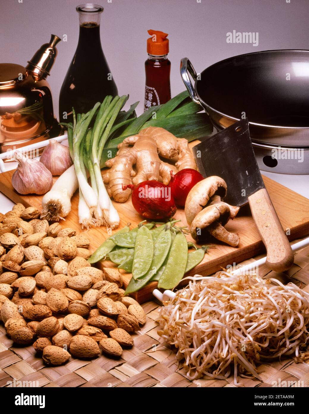 1980s ASIAN INGREDIENTS WITH WOK CLEAVER SOY SAUCE NUTS BEAN SPROUTS ...