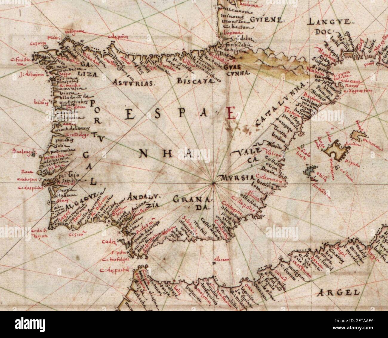 Península Ibérica na Carta do Mediterráneo das Táboas geraes de toda a navegaçaõ de Joaõ Teixeira (1630). Stock Photo