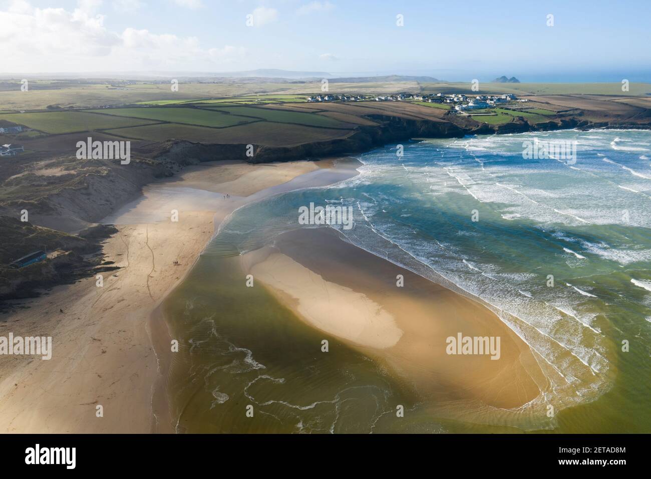 Aerial view of Crantock Beach near Newquay, Cornwall Stock Photo