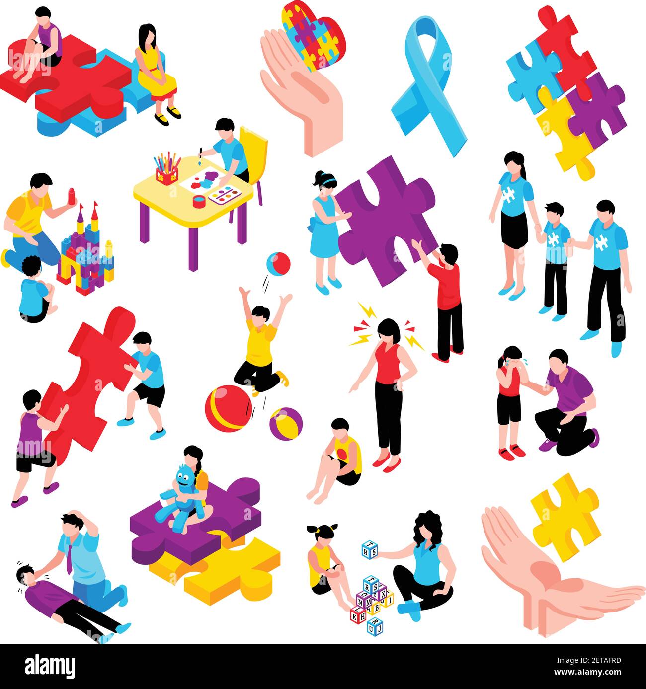Autism isometric colorful set with behavior difficulties depression communication problems hyperactivity and epilepsy isolated vector illustration Stock Vector