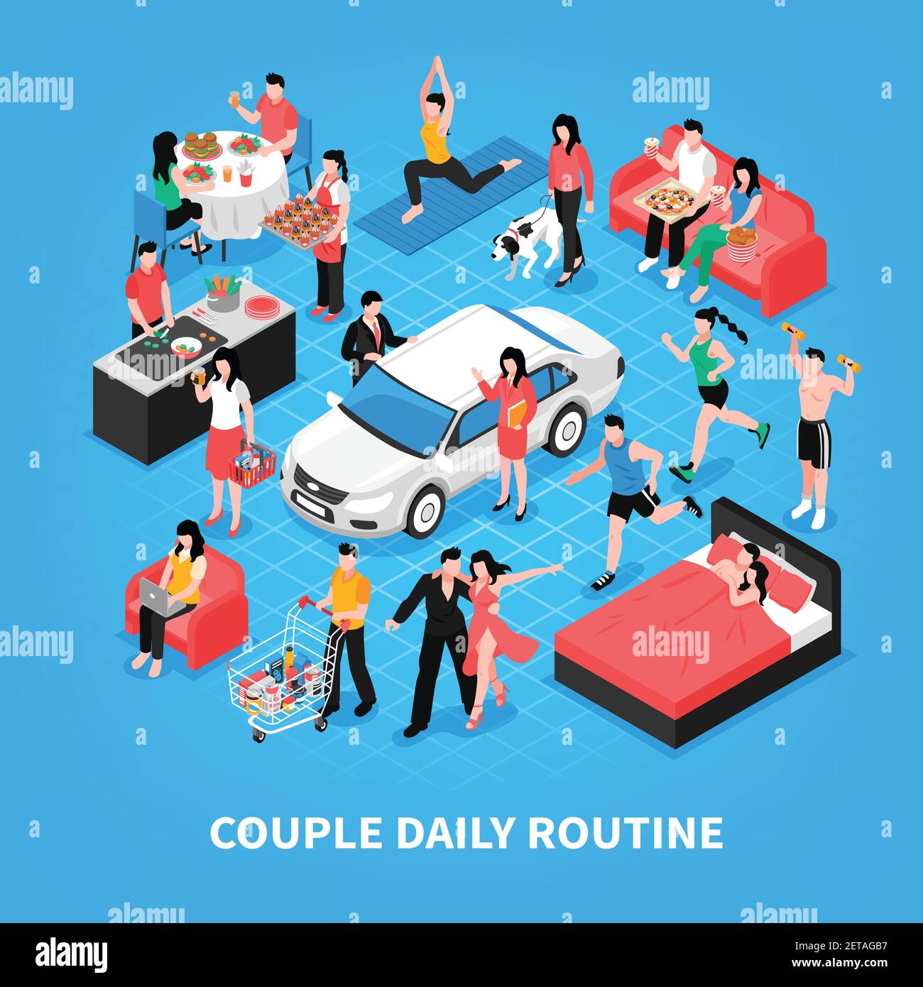 Daily life of couple cooking and work together dancing shopping and sleep blue background isometric vector illustration Stock Vector