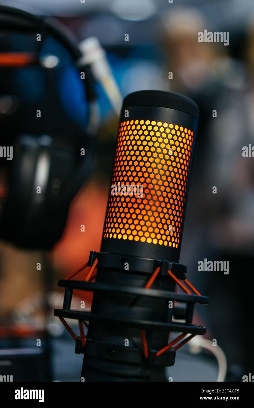 Professional studio condenser microphone attached to shock mount Stock ...