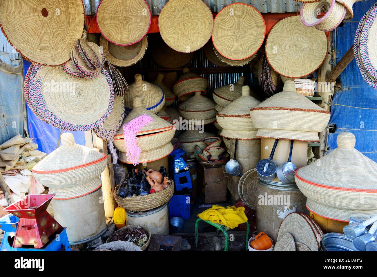 Injera basket shop at the vibrant market in Mekelle, Ethiopia Stock