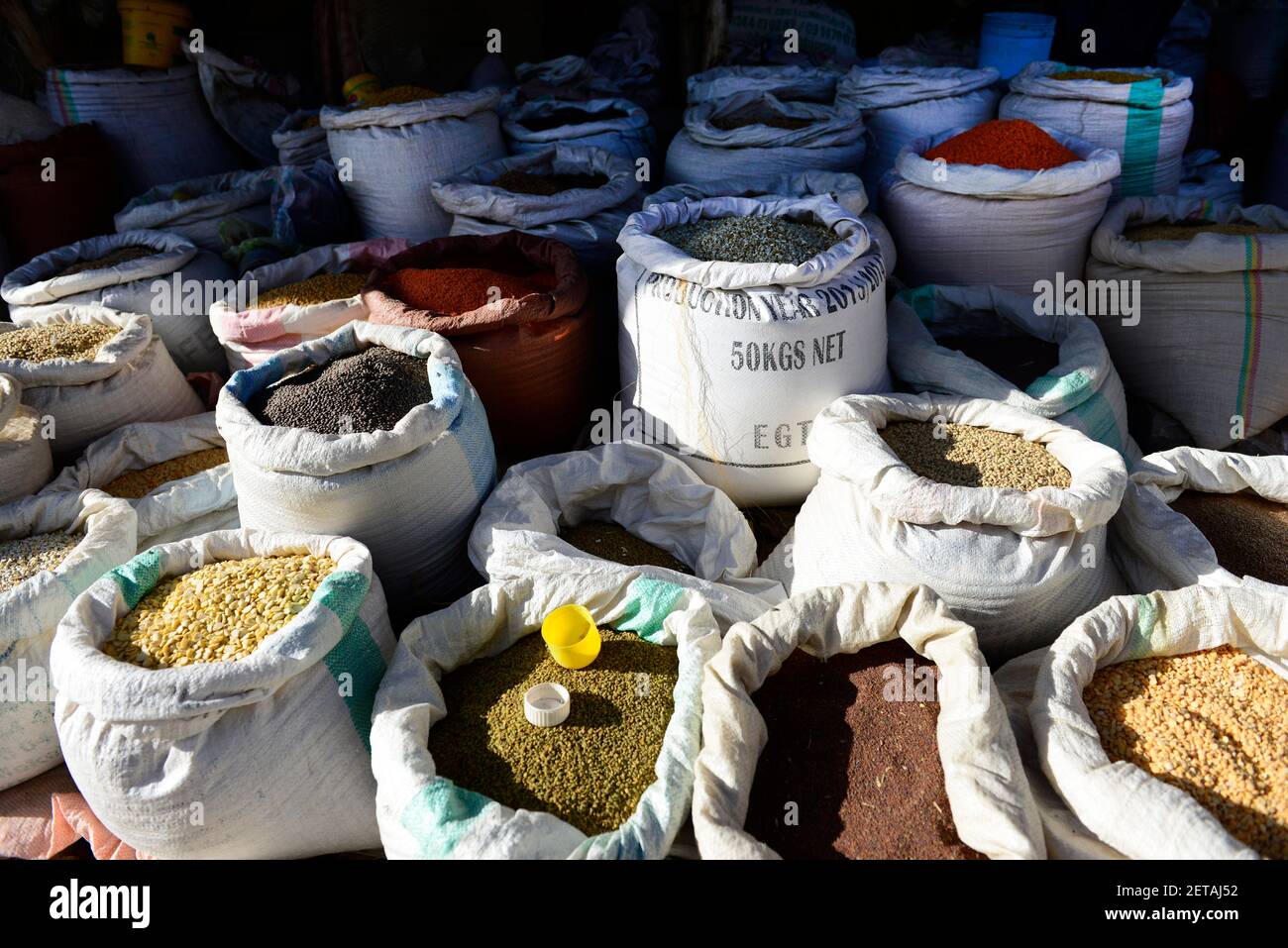 A colorful cereal and pulses market stall in Mekelle, Ethiopia Stock