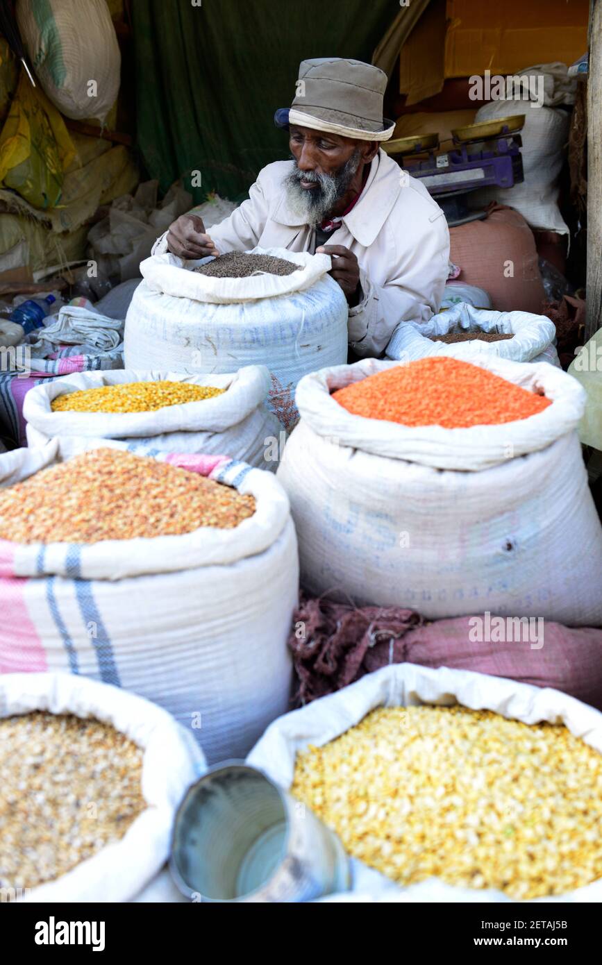 A colorful cereal and pulses market stall in Mekelle, Ethiopia Stock