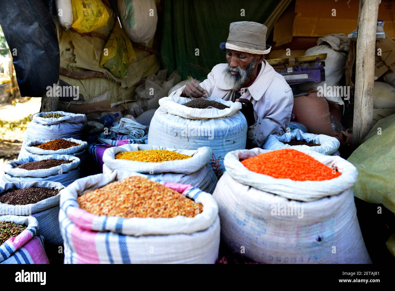 A colorful cereal and pulses market stall in Mekelle, Ethiopia Stock