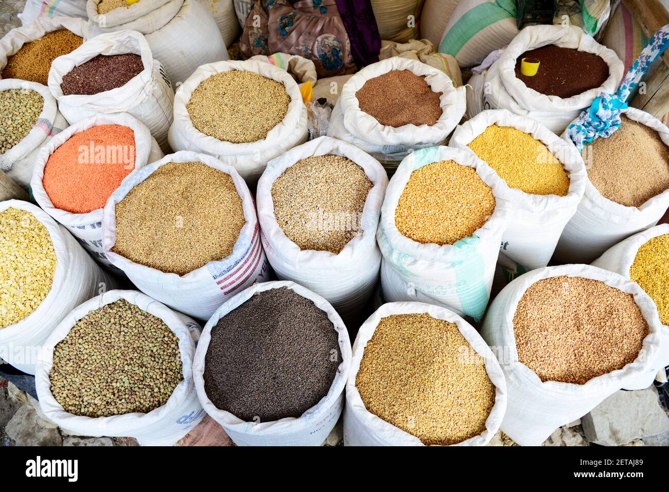 A colorful cereal and pulses market stall in Mekelle, Ethiopia Stock