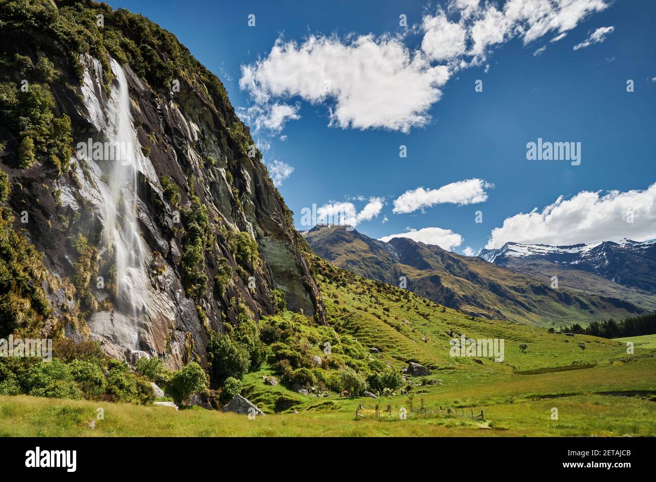 Wishbone Falls in the Matukituki Valley in Mt Aspiring National Park Stock Photo