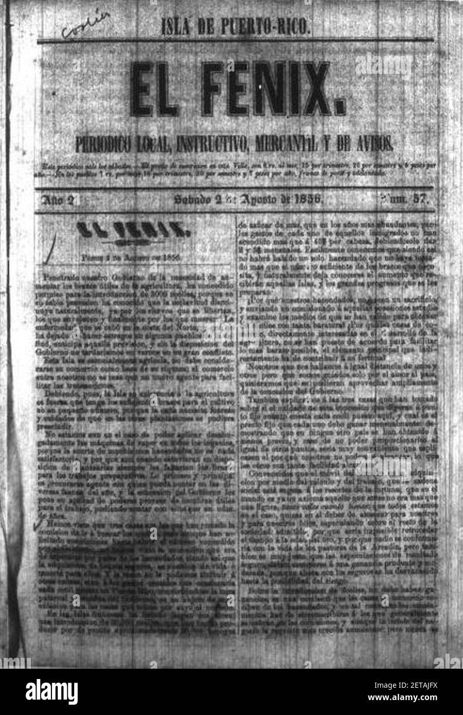 Periódico El Fénix, Ponce, Puerto Rico, edicion de 2 de Agosto de 1856 (DP31v2). Stock Photo
