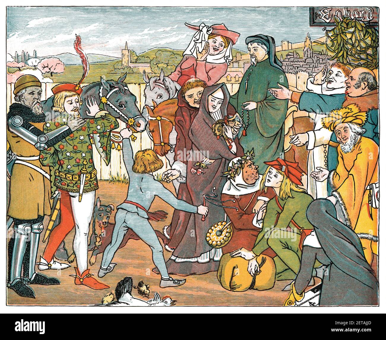1895 Victorian illustration of the Canterbury pilgrims from Geoffrey Chaucer’s Canterbury Tales. From the book Chaucer For Children, written and illustrated by Mrs. H. R. Haweis. Stock Photo