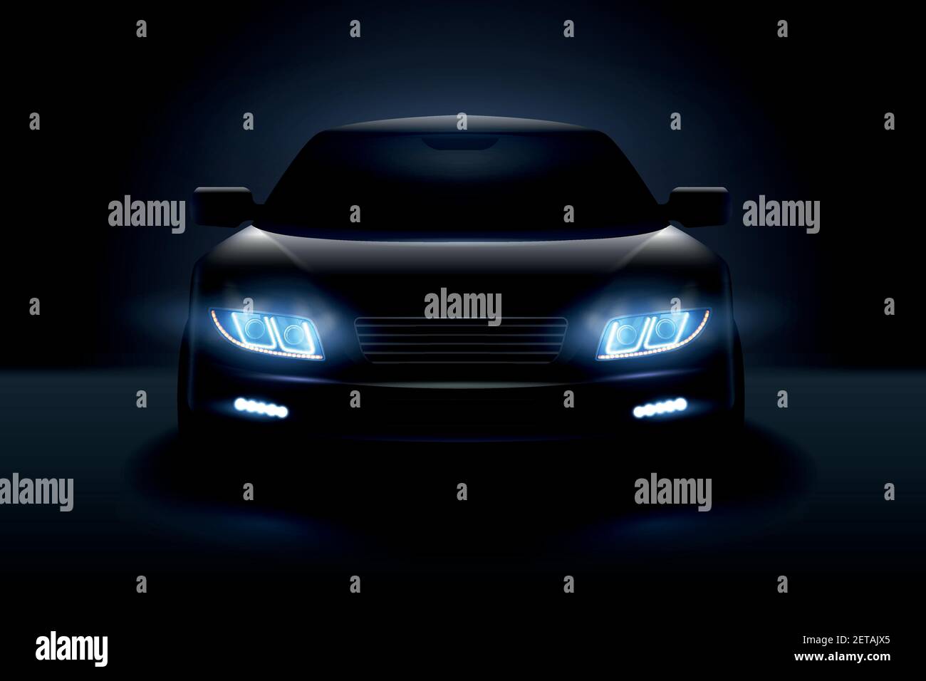 Car led lights realistic composition with dark silhouette of automobile with dimmed headlights