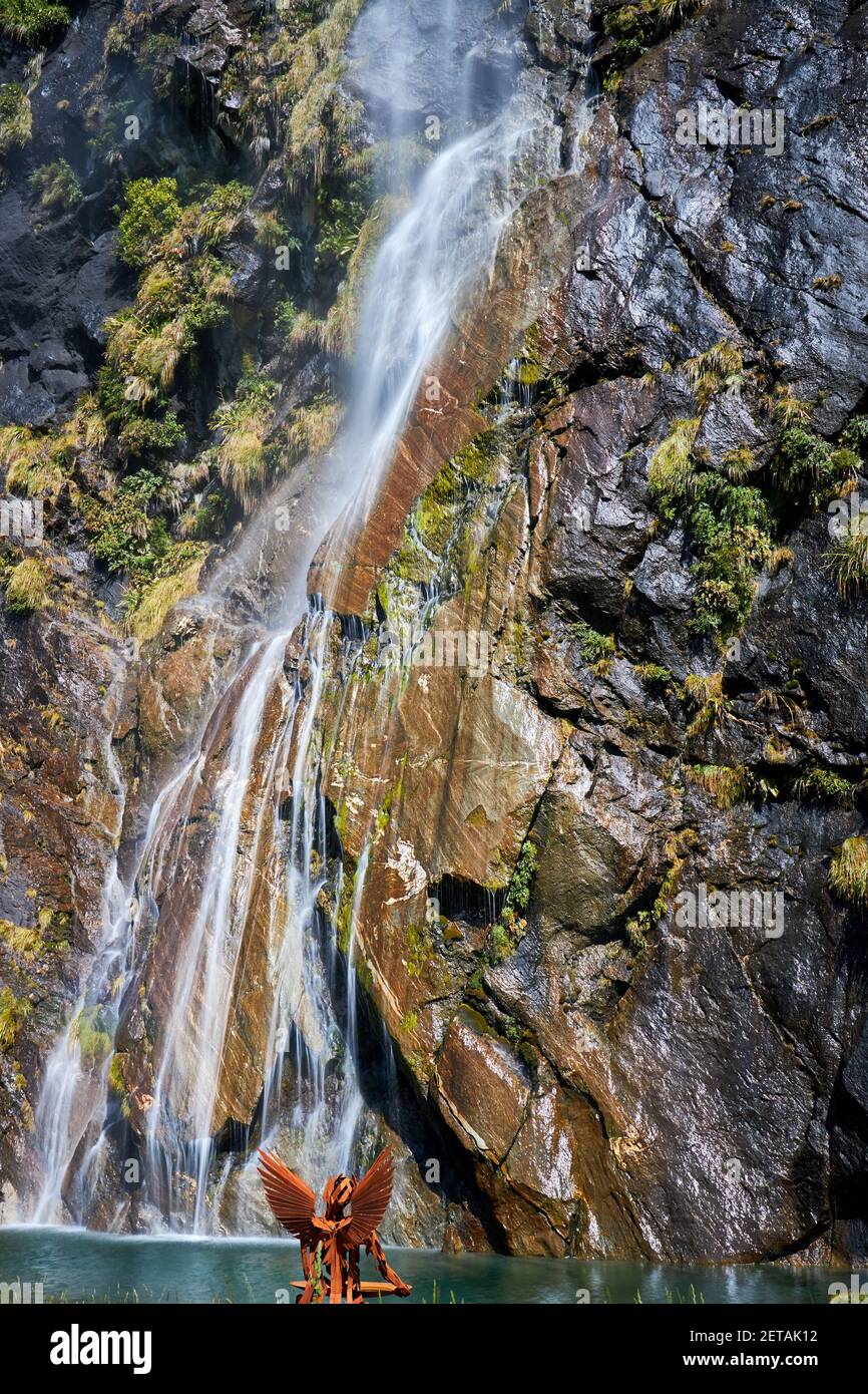 Wishbone Falls in the Matukituki Valley in Mt Aspiring National Park Stock Photo