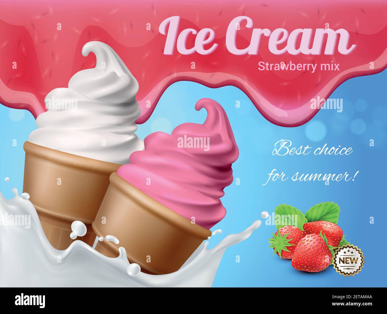 Ice cream realistic advertising composition with editable text and images of two icecream cornets with berries vector illustration Stock Vector