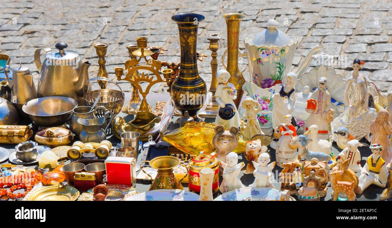 Bazaar antiques souvenir. Antiques market selling vintage objects