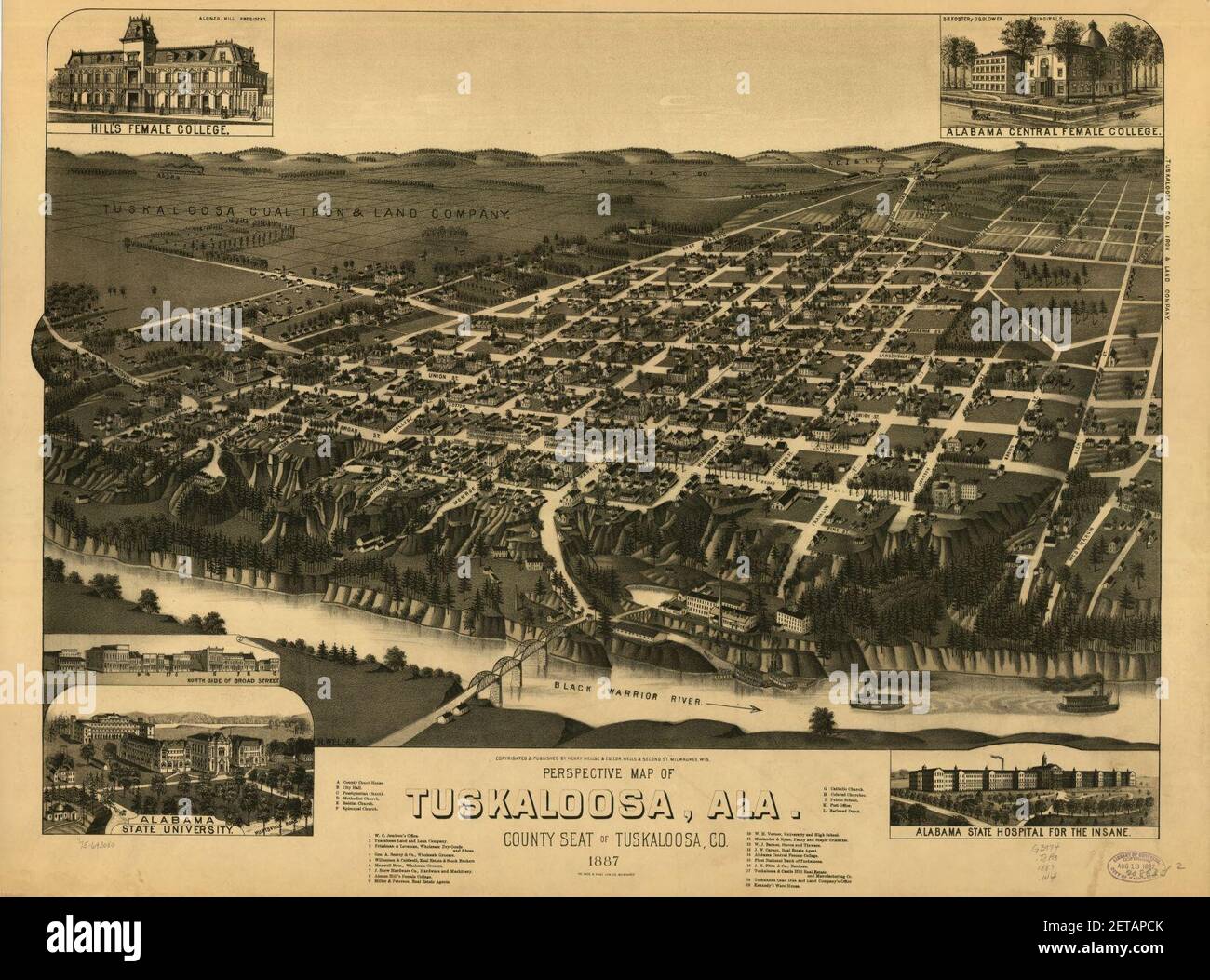 Perspective map of Tuskaloosa, Ala. county seat of Tuskaloosa, Co. 1887. Stock Photo