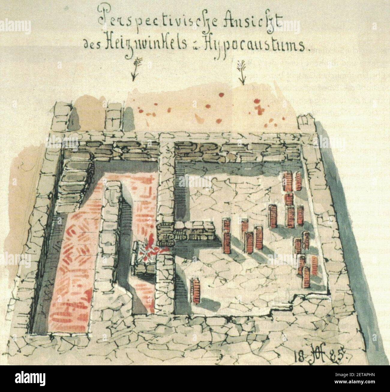 Perspektivische Ansicht des Heizwinkels und Hypocaustums bei einer Untersuchung römischer Ruinen in Rottweil 1885 durch Ausgräber Hölder. Stock Photo