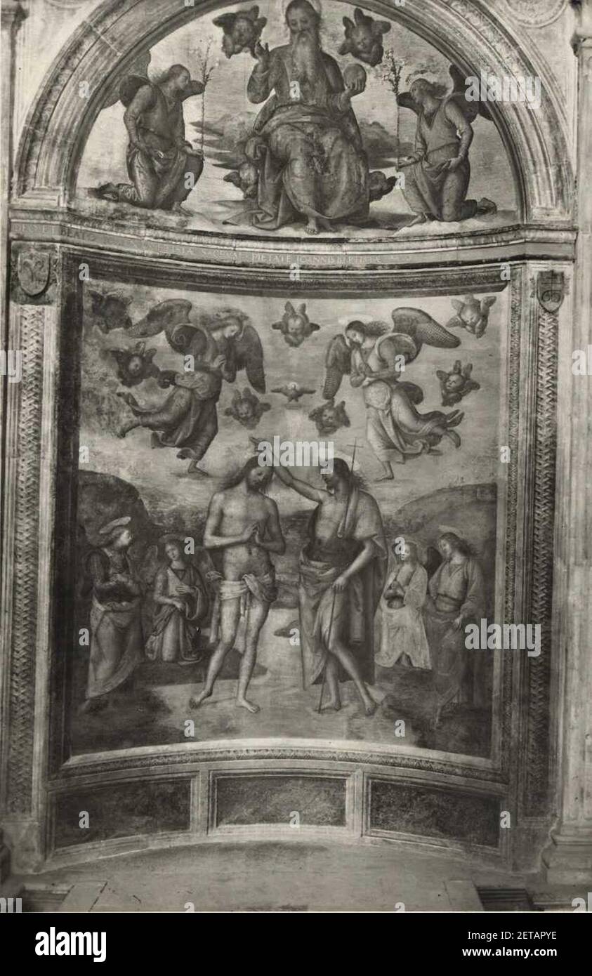 Perugino - Battesimo di Cristo, Dio Padre benedicente e angeli, Oratorio della Nunziatella. Stock Photo