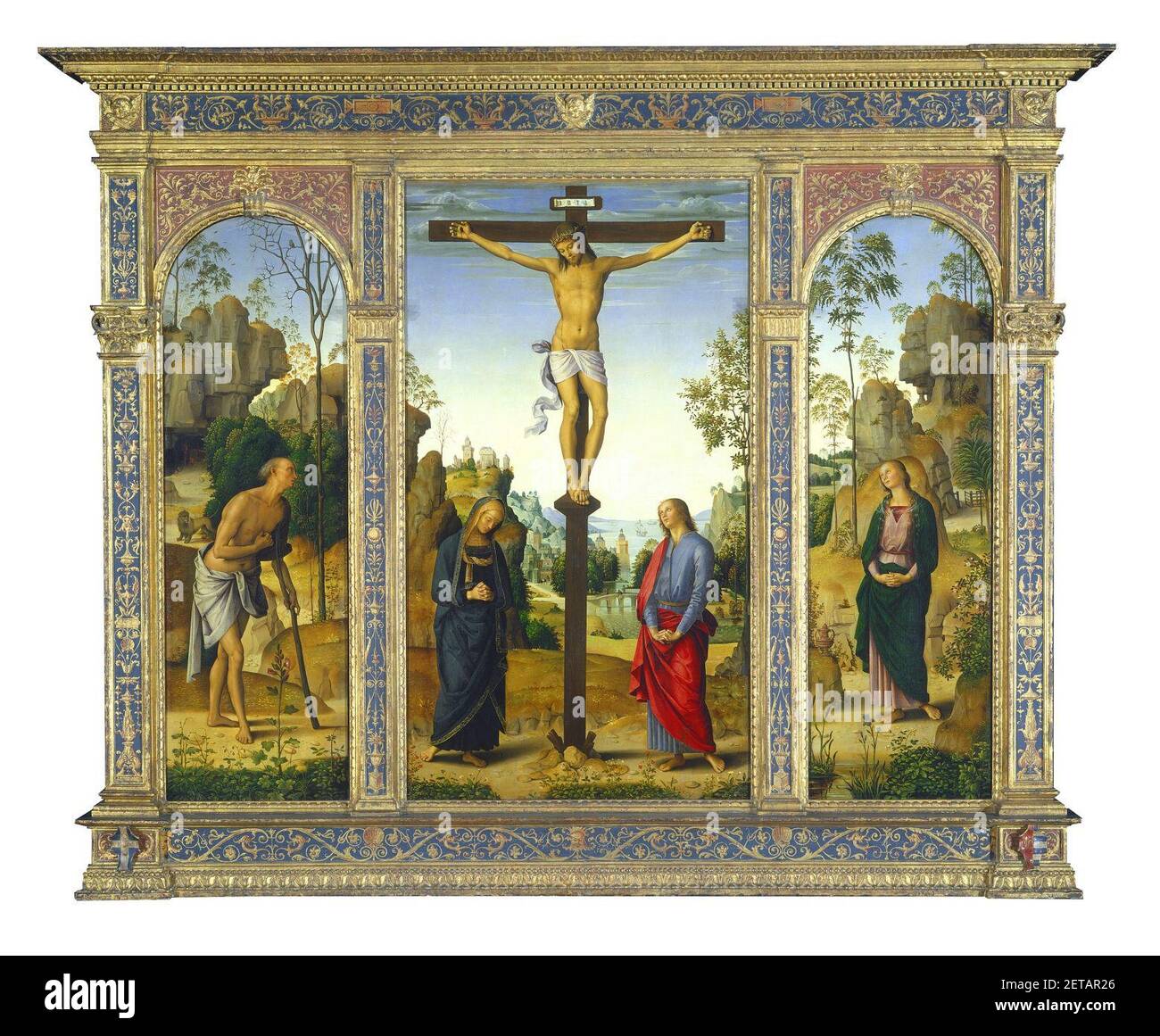 Perugino - The Crucifixion with the Virgin, Saints John, Jerome, and Mary Magdalene - Galitzin-Triptych. Stock Photo