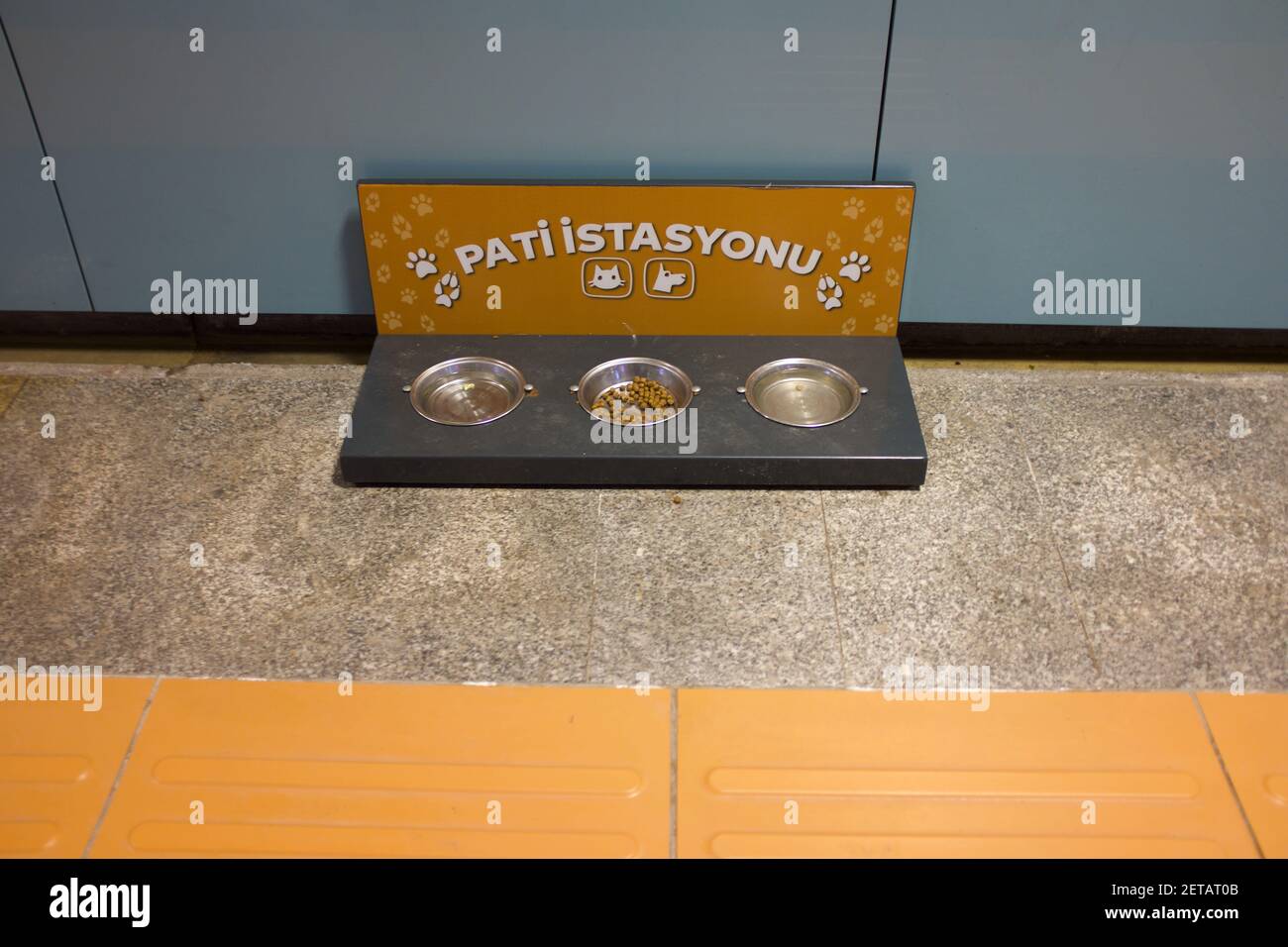 Street cat and dog feeding station in the Istanbul metro, Turkey Stock Photo