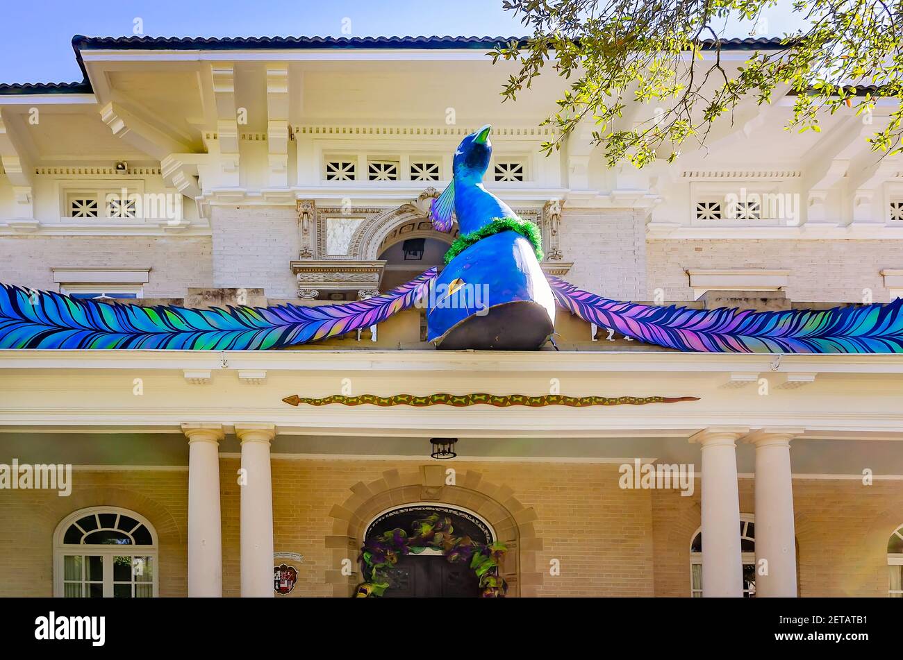 The Burgess-Maschmeyer Mansion is decorated with a peacock for Mardi Gras on Government Street, Feb. 19, 2021, in Mobile, Alabama. Stock Photo