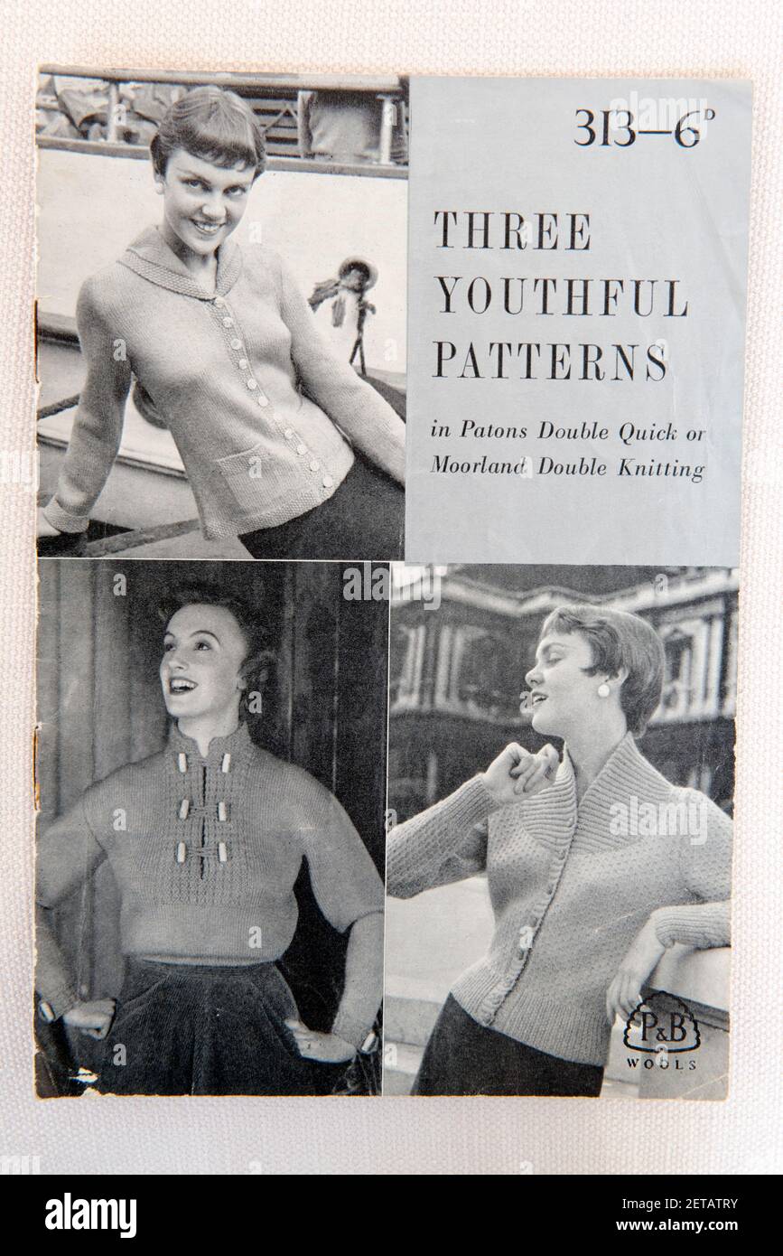 Vintage black and white knitting pattern, Patons - Three Youthful Patterns - ladies cardigans and jumpers, 1950's cost 6d. For editorial use only Stock Photo