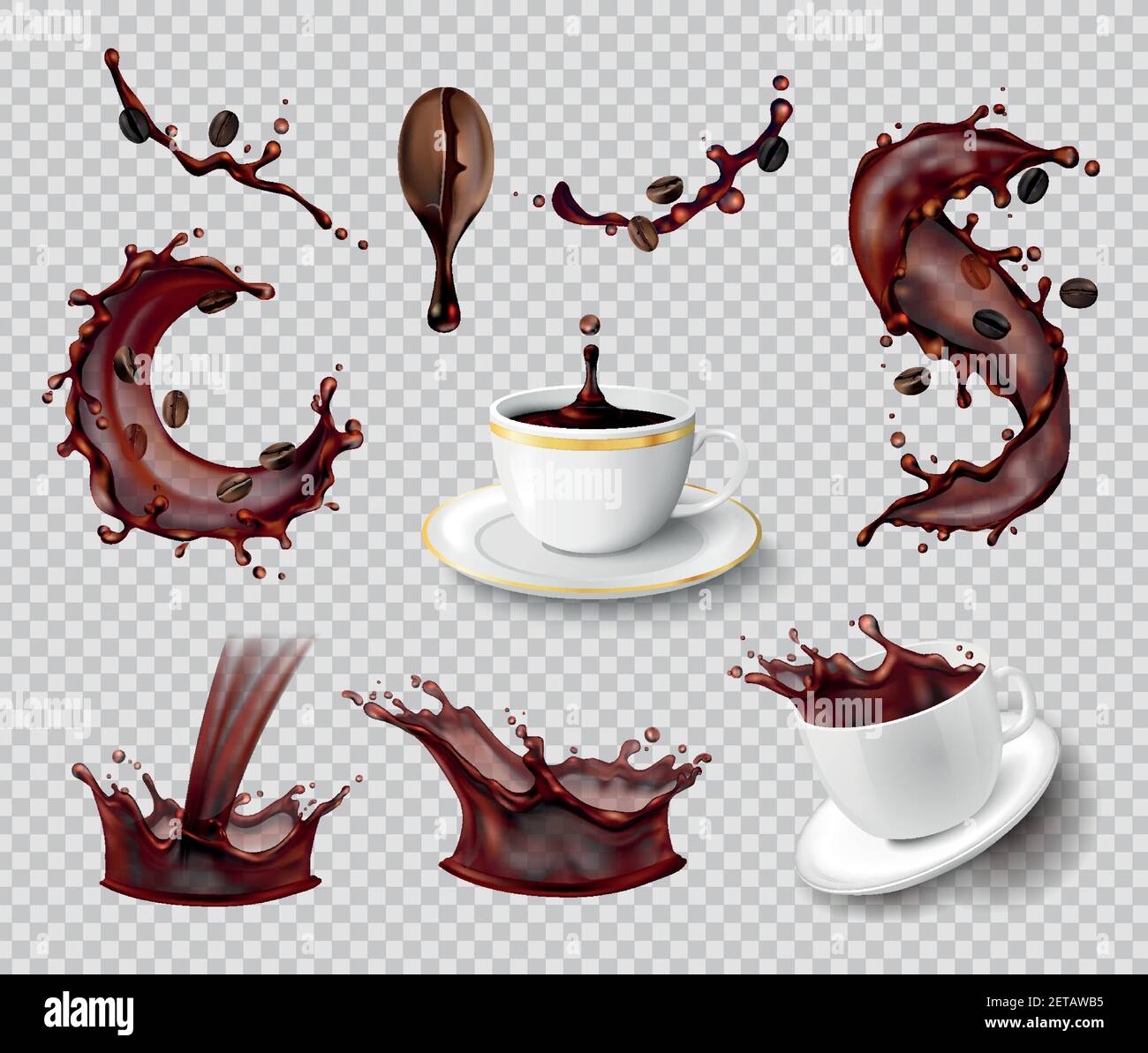Coffee splashes realistic set of isolated liquid spray coffee bean and