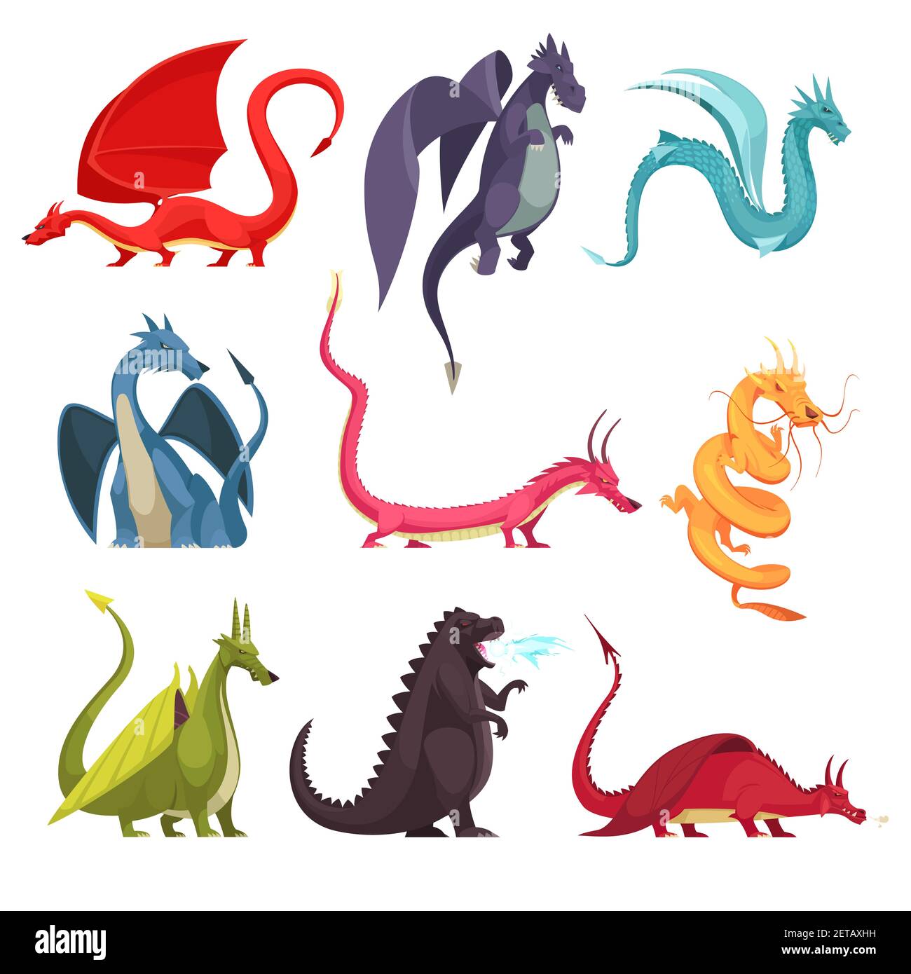 Funny colorful fire breathing dragons monsters weird snake like creatures  flat cartoon icons set isolated vector illustration Stock Vector Image &  Art - Alamy