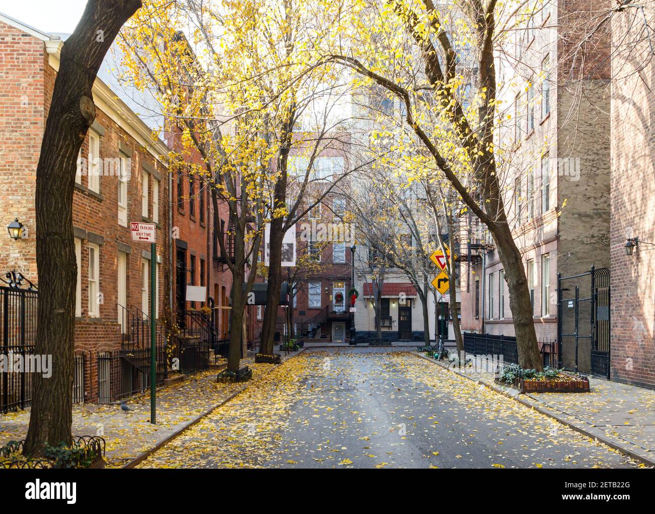 Colorful fall trees line Commerce Street in the historic West Village neighborhood of Manhattan, New York City NYC Stock Photo