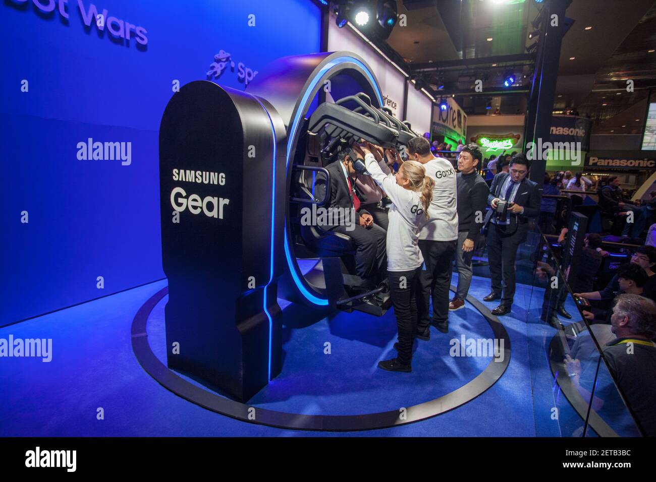 People Riding Samsung 4d Gear VR Experience at the Samsung Booth at the  Consumer Electronics Show held in Las Vegas, Nevada on January 5, 2016.  (Photo by Mikey McNulty) *** Please Use