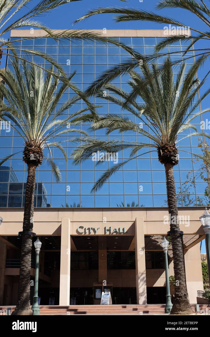 ANAHEIM, CALIFORNIA - 1 MAR 2021: Closeup of the entrance to City Hall. Stock Photo