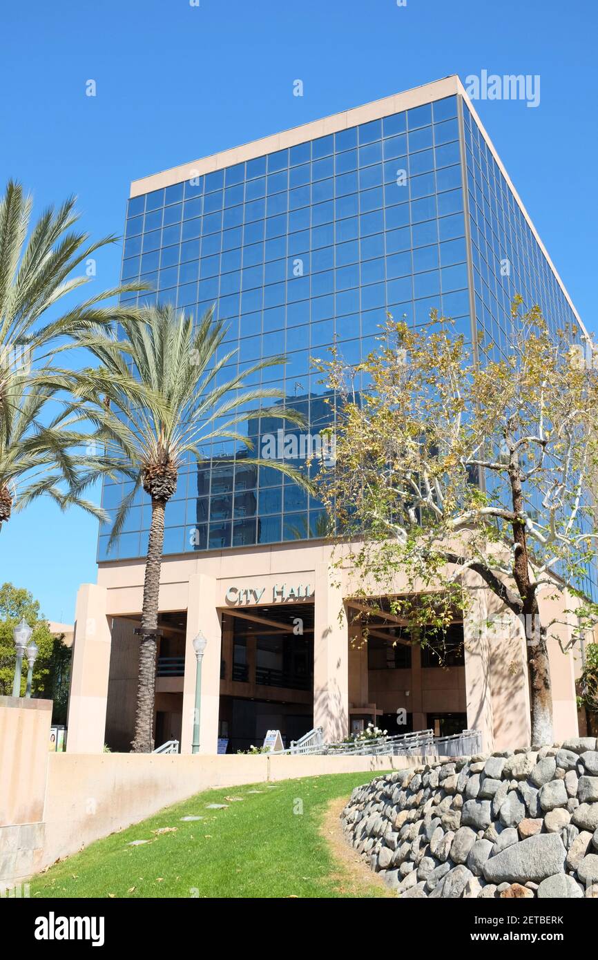 ANAHEIM, CALIFORNIA - 1 MAR 2021: The Anaheim City Hall building seen from the grass lawn. Stock Photo