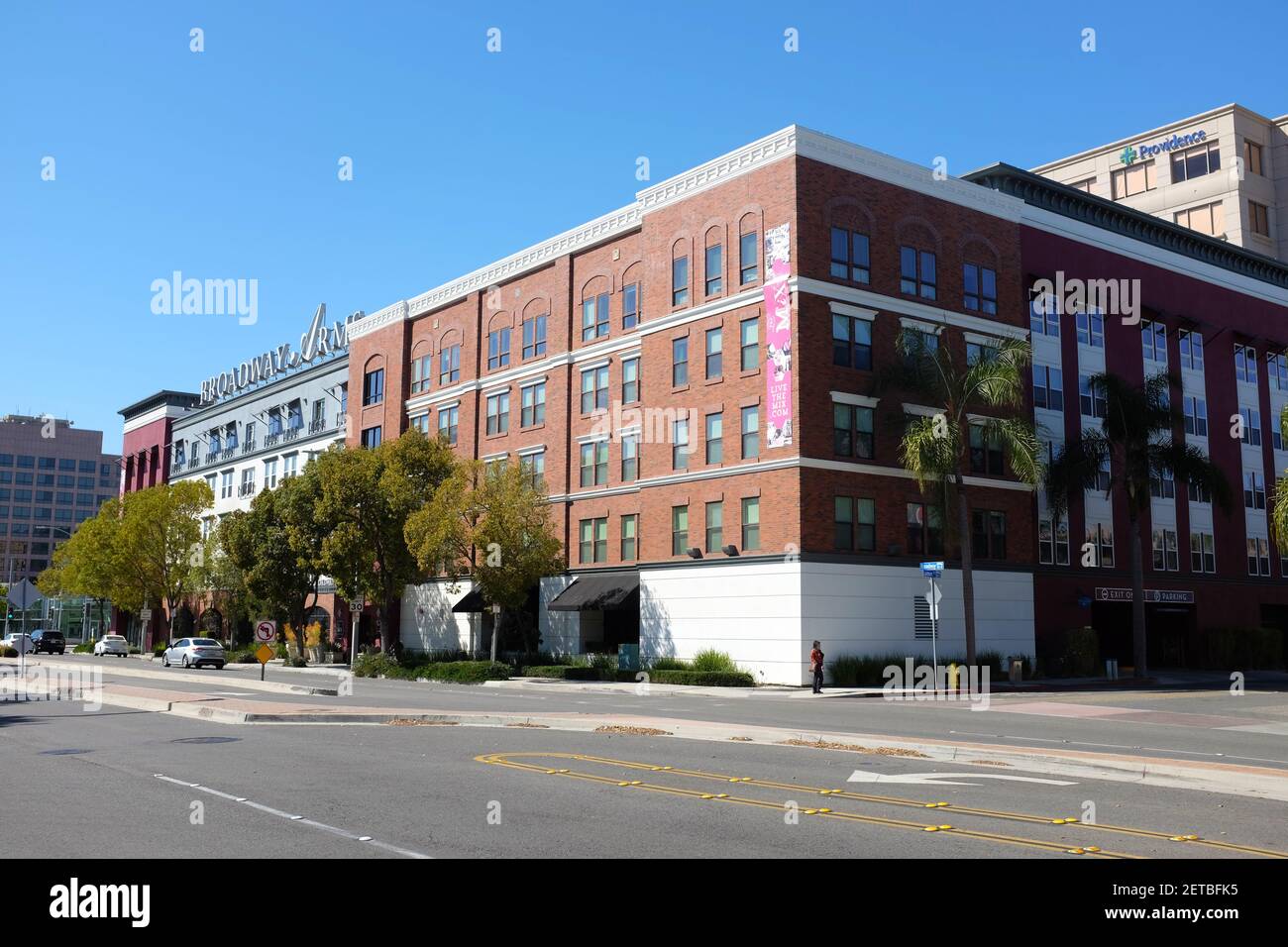 ANAHEIM, CALIFORNIA - 1 MAR 2021: The Broadway Arms Apartments part of The Mix at CTR City. Stock Photo