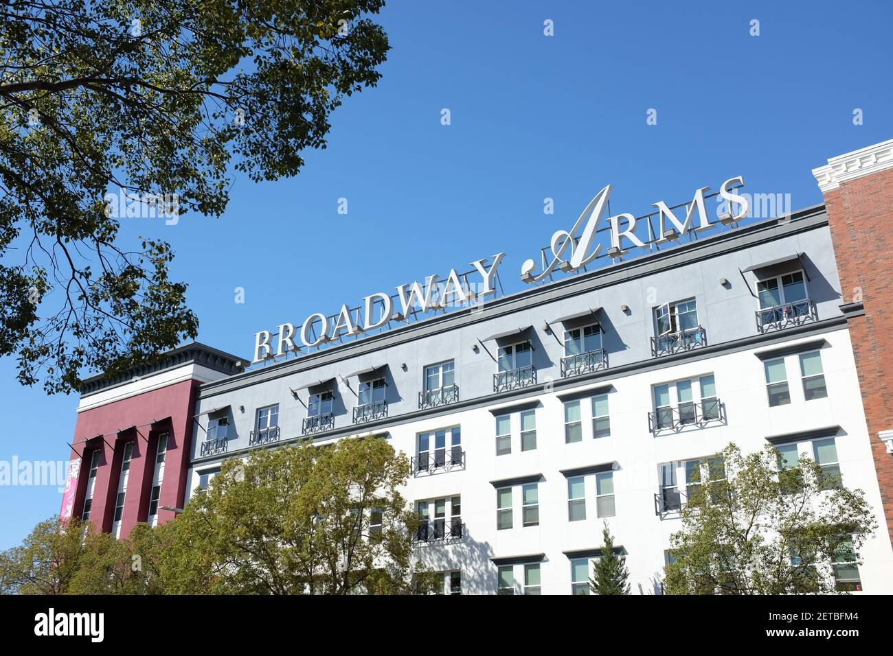 ANAHEIM, CALIFORNIA - 1 MAR 2021: Sign at The Broadway Arms Apartments part of The Mix at CTR City. Stock Photo
